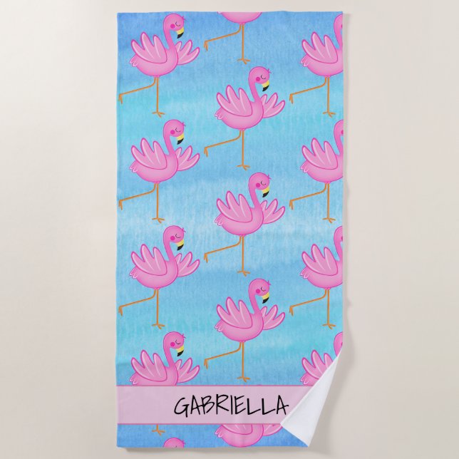 Dancing Pink Flamingo Personalized Beach Towel (Front)