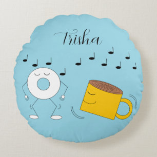 Dancing Powdered Donut & Coffee Mug: Round Pillow