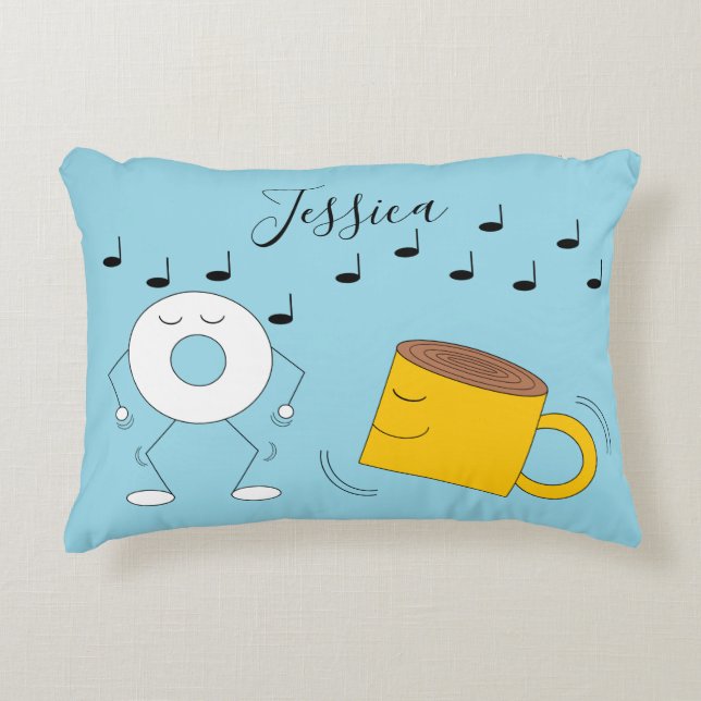 Dancing Powdered Doughnut & Coffee Mug Accent Pillow (Front)