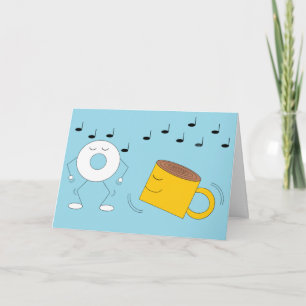 Dancing Powdered Doughnut & Coffee Mug:  Blank Card