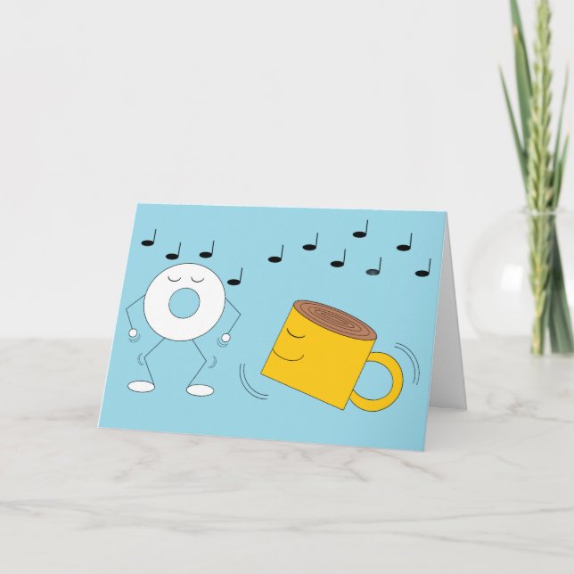 Dancing Powdered Doughnut & Coffee Mug:  Blank Card (Front)