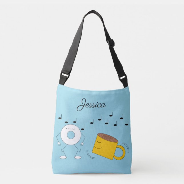 Dancing Powdered Doughnut & Coffee Mug:  Crossbody Bag (Front)