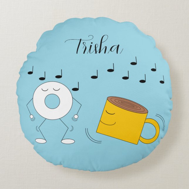 Dancing Powdered Doughnut & Coffee Mug:  Round Pillow (Front)