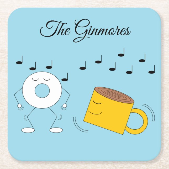 Dancing Powdered Doughnut & Coffee Mug: Square Paper Coaster (Front)