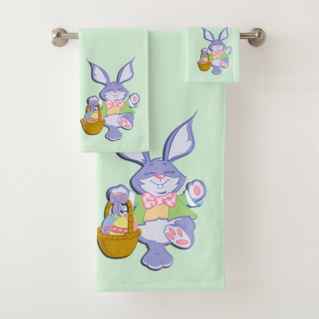 Dancing Purple Easter Bunny Mint Bath Towel Set (Insitu)