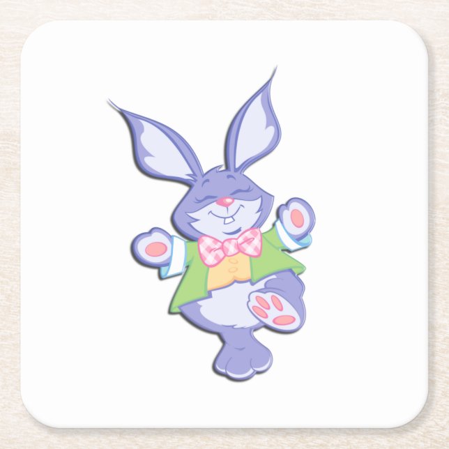 Dancing Purple Easter Bunny Square Paper Coaster (Front)