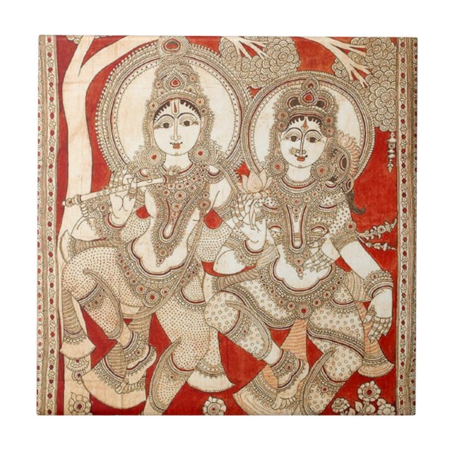 DANCING RADHA KRISHNA KALAMKARI ART OF INDIA TILE (Front)