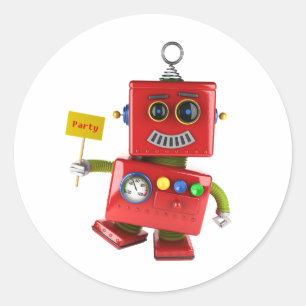 Dancing red toy robot with party sign classic round sticker