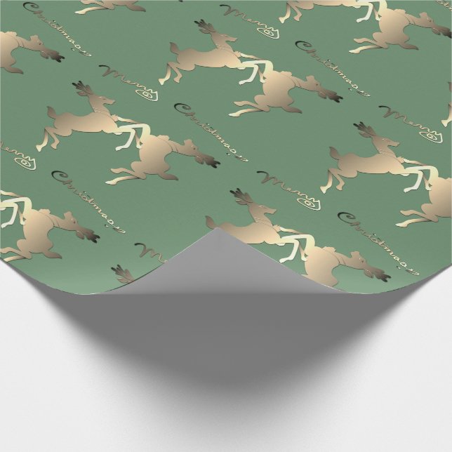 Dancing Reindeer on Green "Merry Christmas" Wrapping Paper (Corner)