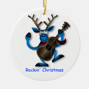 Dancing Reindeer with Guitar Rockin' Christmas Ceramic Ornament