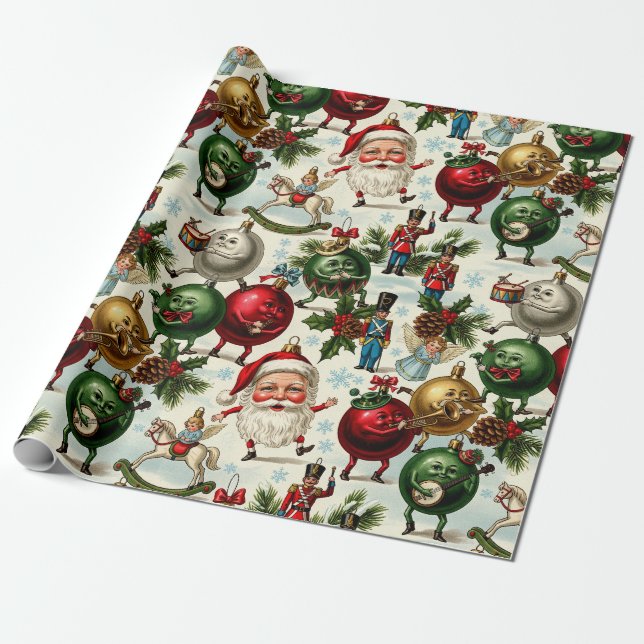 Dancing Santa's and Magical Ornaments Wrapping Paper (Unrolled)