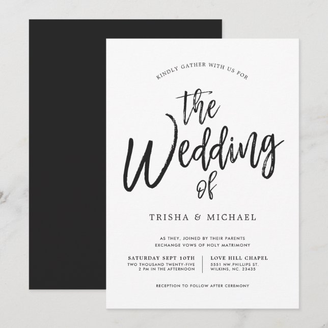 Dancing Script Black|White Wedding Invitation (Front/Back)