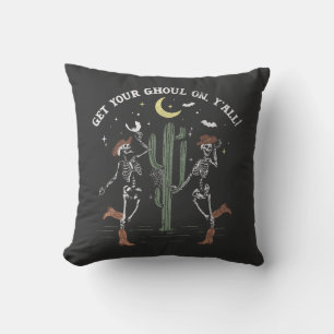 Dancing Skeleton Boot Scooting Western Halloween Throw Pillow