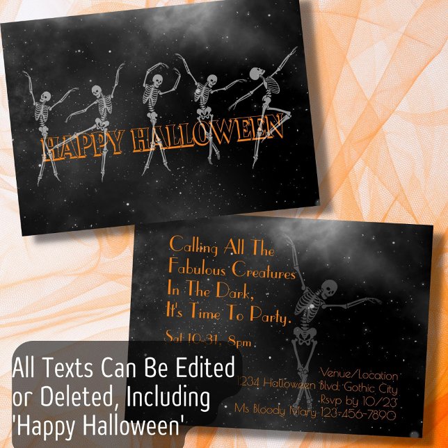 Dancing skeleton Halloween Party black and orange Invitation (Creator Uploaded)