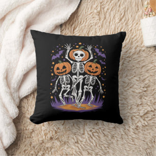 Dancing Skeleton Halloween Pumpkin  Throw Pillow