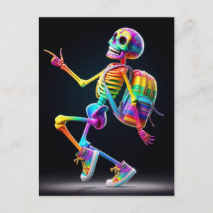 Dancing skeleton in rainbow colors postcard