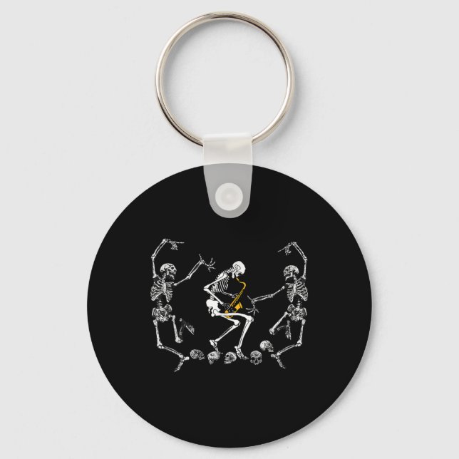 Dancing Skeleton Playing Saxophone Halloween  Keychain (Front)