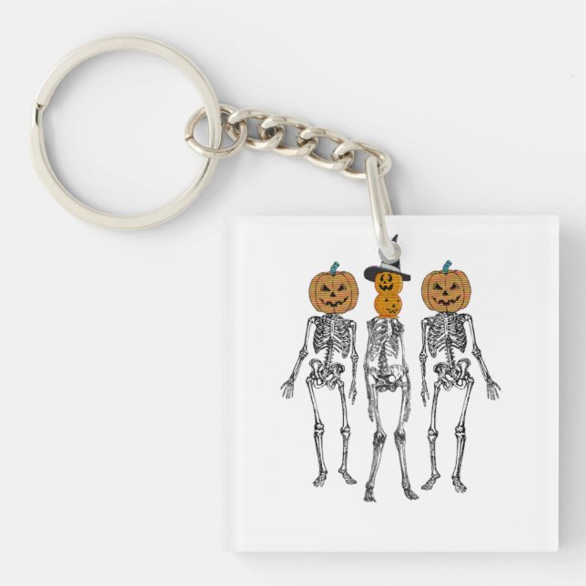 Dancing Skeleton Pumpkin Head Funny Halloween  Keychain (Front)