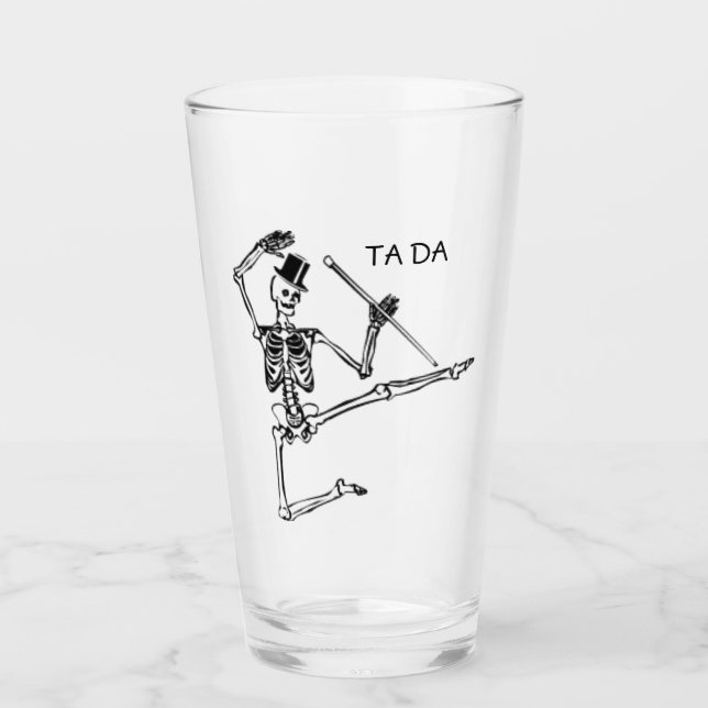 DANCING SKELETON WITH TOP HAT BEER PINT GLASS (Front)