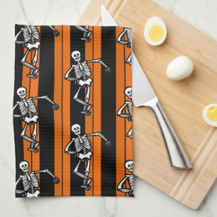 Dancing Skeletons Halloween Striped Kitchen Towel