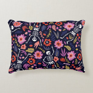 Dancing skeletons in the floral garden pattern accent pillow