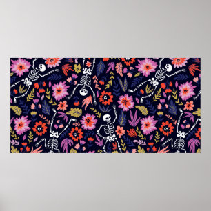 Dancing skeletons in the floral garden pattern poster