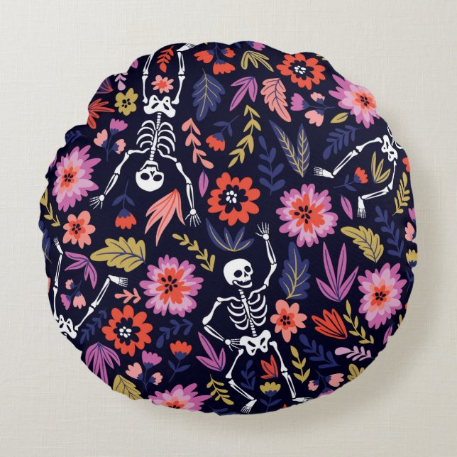Dancing skeletons in the floral garden pattern round pillow (Front)