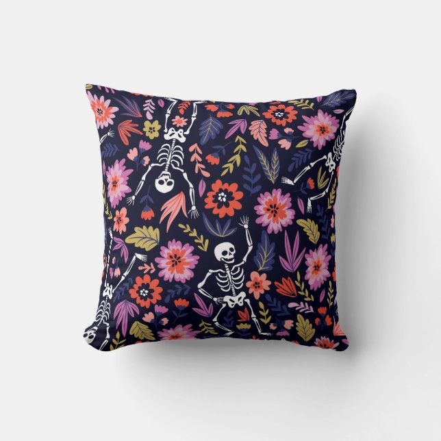 Dancing skeletons in the floral garden pattern throw pillow (Front)