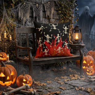 Dancing Skeletons On Fire Flames For Halloween Outdoor Pillow