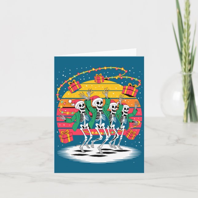 Dancing Skeletons With Santa Hats Christmas Lights Card (Front)