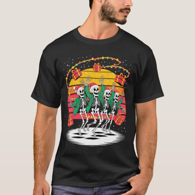 Dancing Skeletons With Santa Hats Christmas Lights T-Shirt (Front)