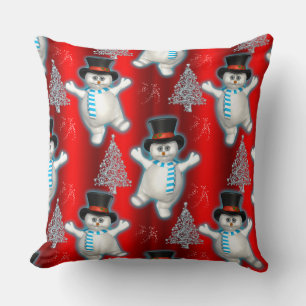 Dancing Snowman Christmas Red Throw Pillow