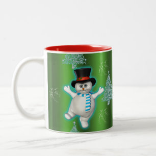 Dancing Snowman in Hat on Green Christmas Two-Tone Coffee Mug