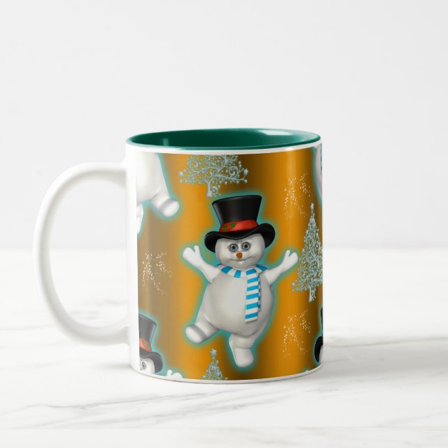 Dancing Snowman in Top Hat on Gold Christmas Two-Tone Coffee Mug (Left)
