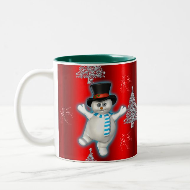 Dancing Snowman in Top Hat on Red Christmas Two-Tone Coffee Mug (Left)