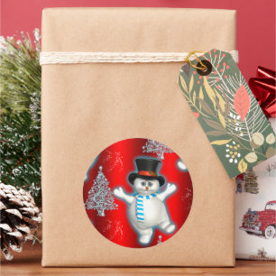Dancing Snowman on Red Christmas Classic Round Sticker