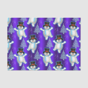 Dancing Snowmen on Blue Christmas Tissue Paper