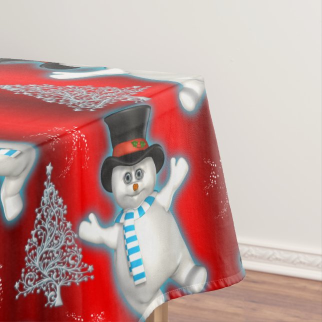 Dancing Snowmen on Red Christmas Tablecloth (In Situ)