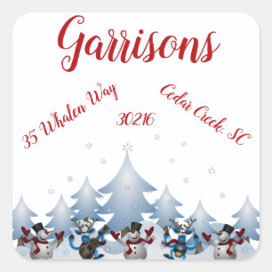 Dancing Snowmen & Reindeer Return Address Label- Square Sticker