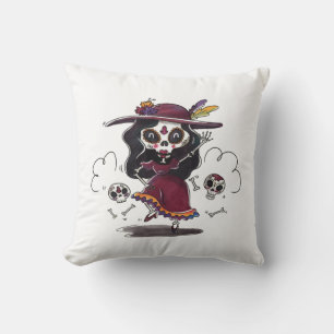 Dancing Sugar Skull Throw Pillow
