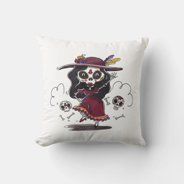 Dancing Sugar Skull Throw Pillow (Front)