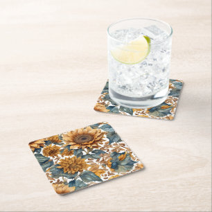 Dancing Sunflowers Pattern Design Square Paper Coaster
