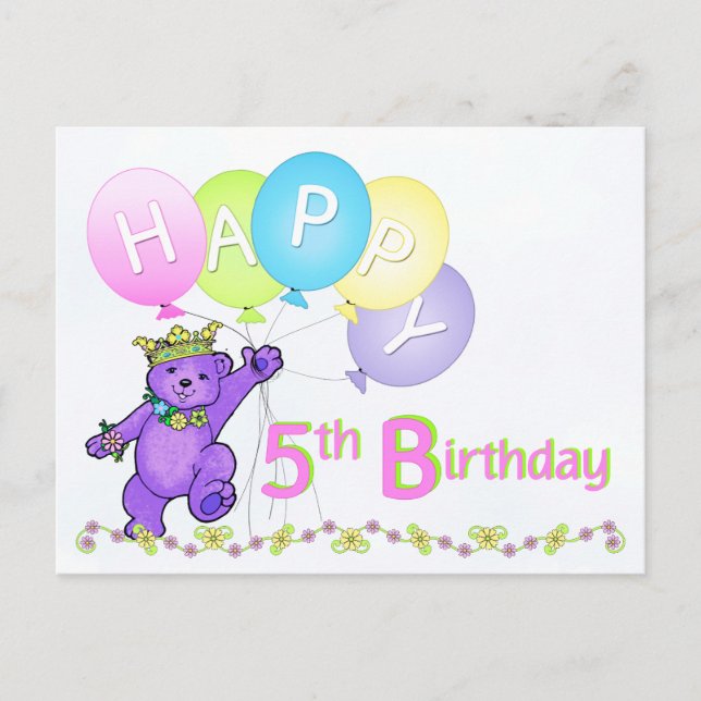Dancing Teddy Bear 5th Birthday Postcard (Front)