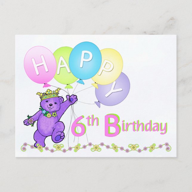 Dancing Teddy Bear 6th Birthday Postcard (Front)