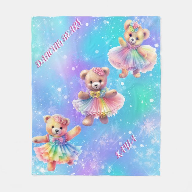 Dancing Teddy Bears in rainbow dresses for girls Fleece Blanket (Front)