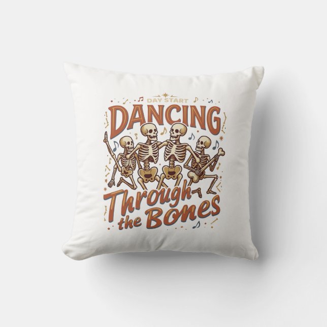 Dancing Through Bones Halloween Skeletons Music Ce Throw Pillow (Front)