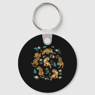 Dancing Tigers Cartoon Graphic Asian Art - Black Keychain