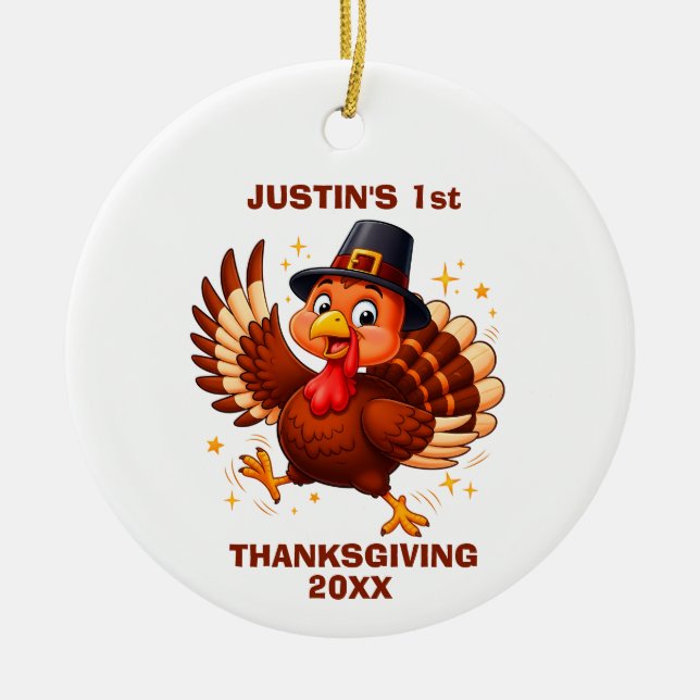 Dancing Turkey Baby's First Thanksgiving Ceramic Ornament (Front)