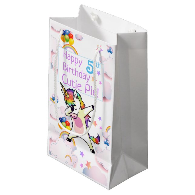 Dancing Unicorns Rainbows Balloons, Personalized Small Gift Bag (Front Angled)