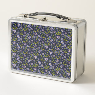 Dancing Watercolor Daisies Midnight Metal Lunch Box